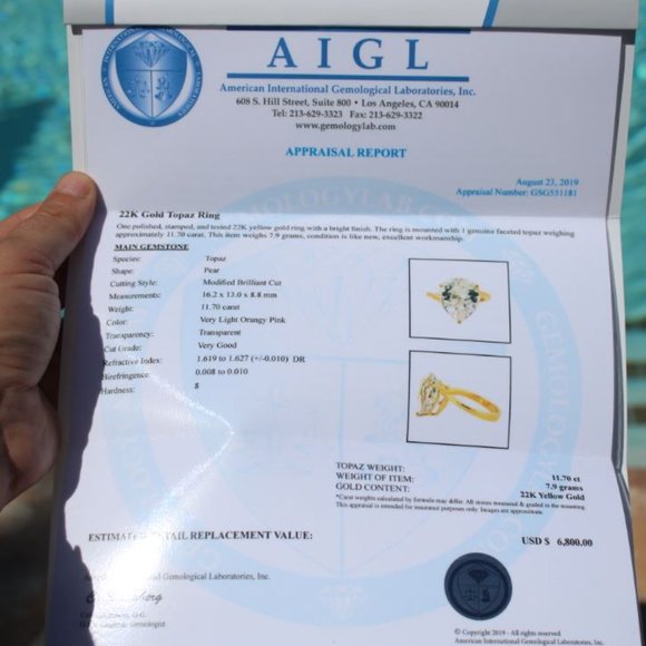 Certified Imperial Topaz 11.70ct Solid 22K Ring - Picture 11 of 11